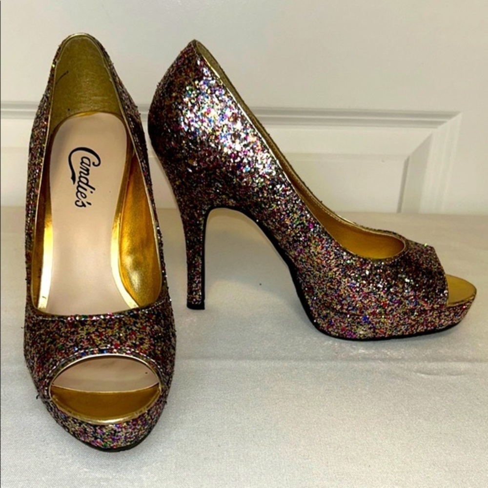 Candie's Cayunnis Multicolor Glitter Peep Toe Heels | Size 7 | NWOB